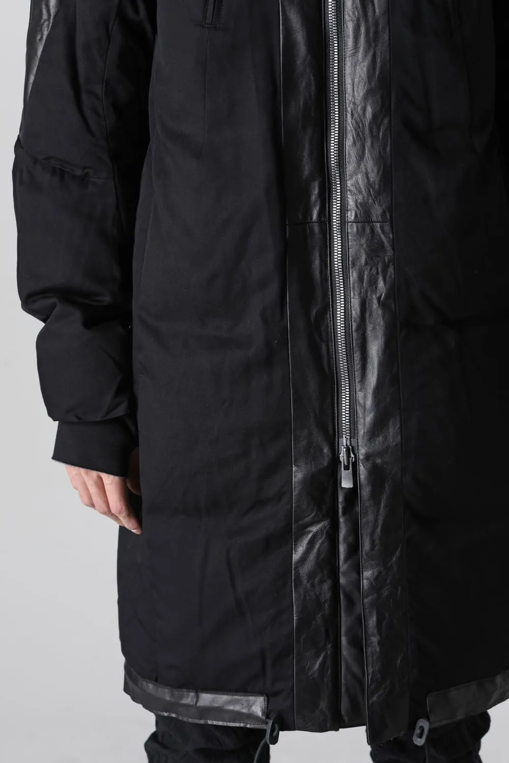 Horse Leather x Rayon Twill White Goose Down Coat  Black