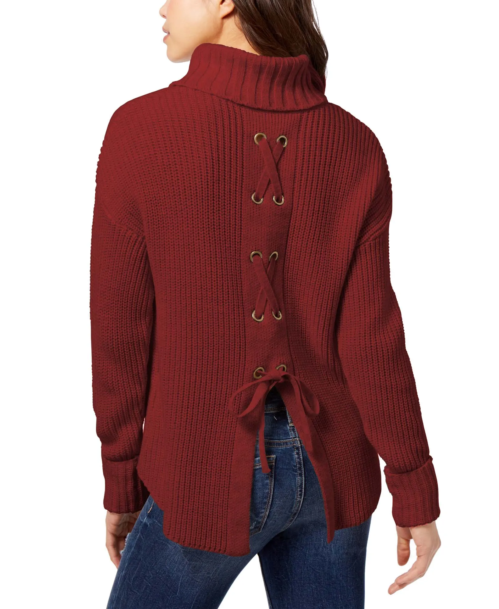 Juniors' Lace-Up Turtleneck Sweater
