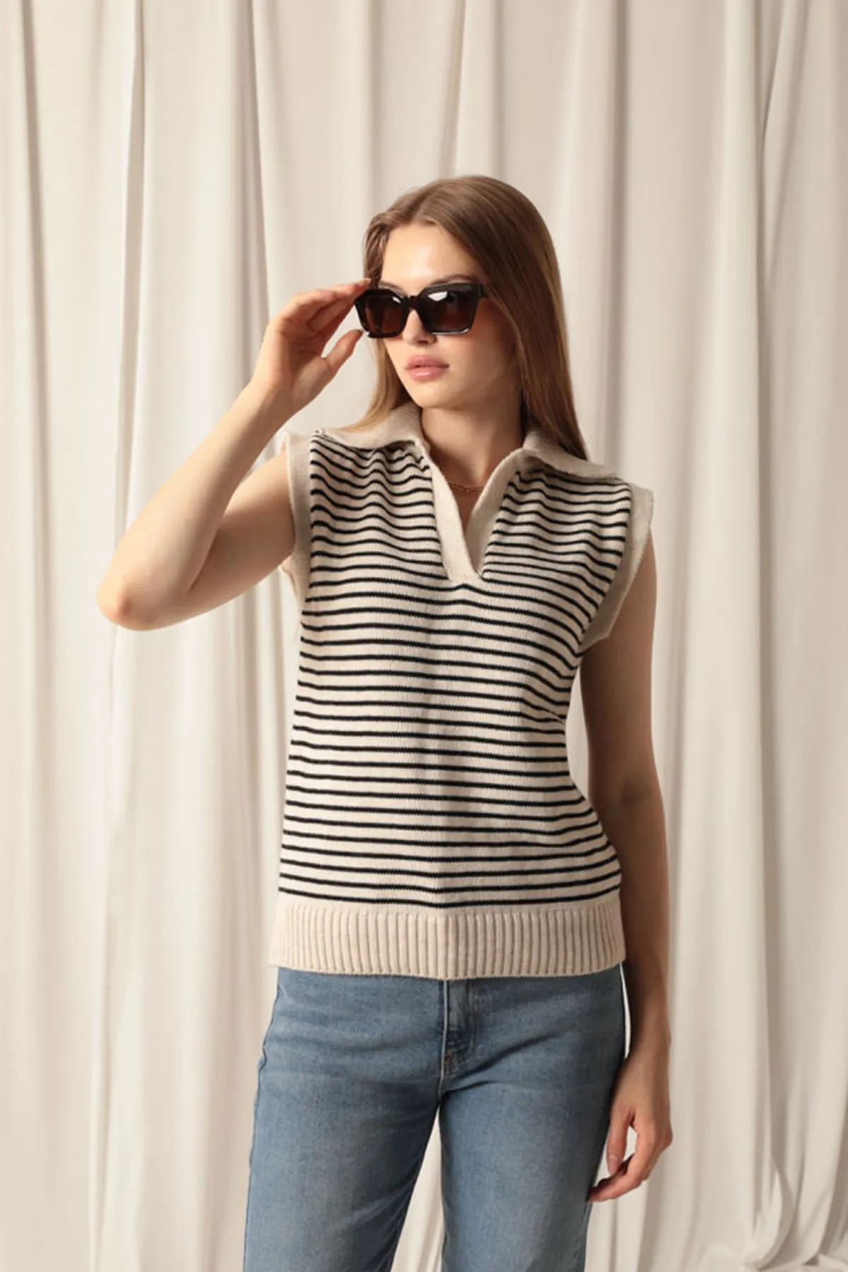 KKT Knitwear Fabric Striped Crop Women's Stone Sweater - Chatham