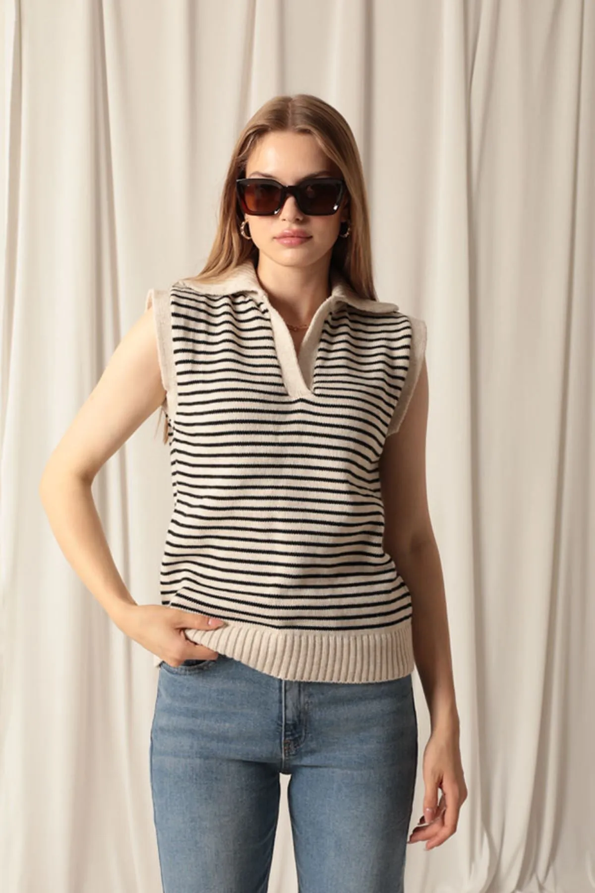 KKT Knitwear Fabric Striped Crop Women's Stone Sweater - Chatham