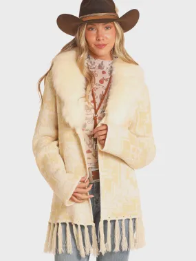 LADIES AZTEC FRINGE CARDIGAN WITH FUR COLLAR