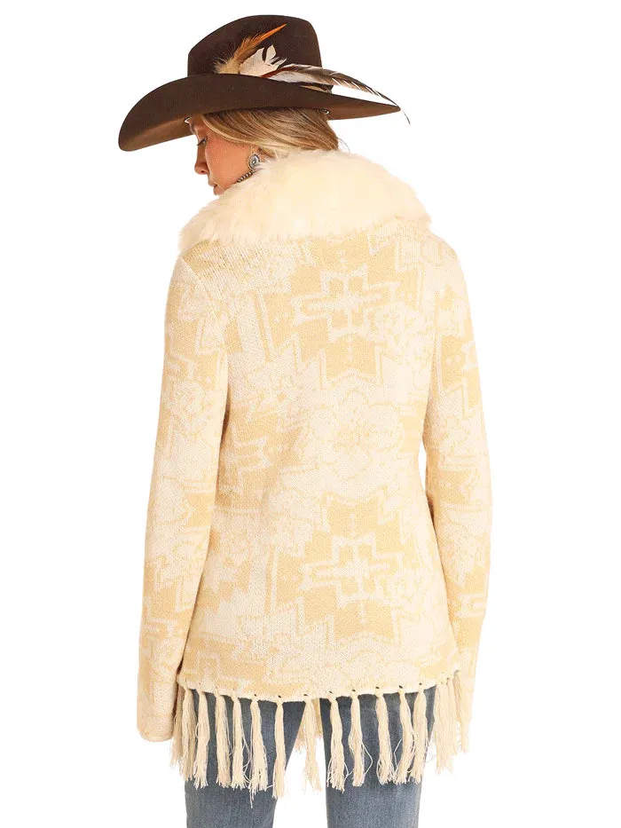 LADIES AZTEC FRINGE CARDIGAN WITH FUR COLLAR