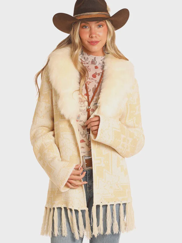 LADIES AZTEC FRINGE CARDIGAN WITH FUR COLLAR