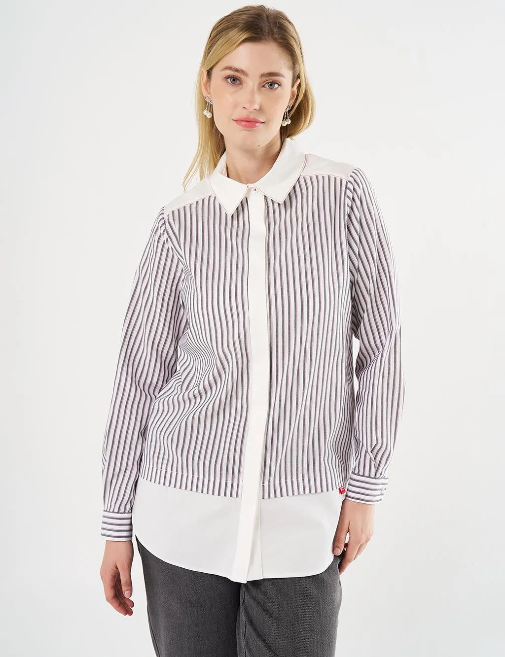 Line Patterned Tunic with Shirt Detail Black