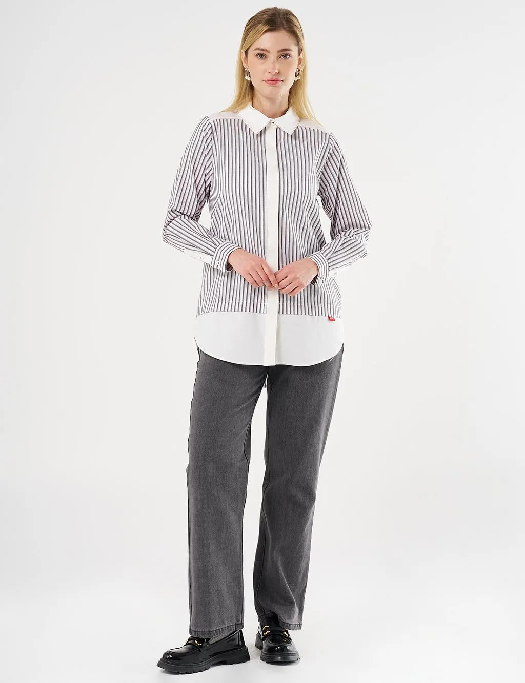 Line Patterned Tunic with Shirt Detail Black