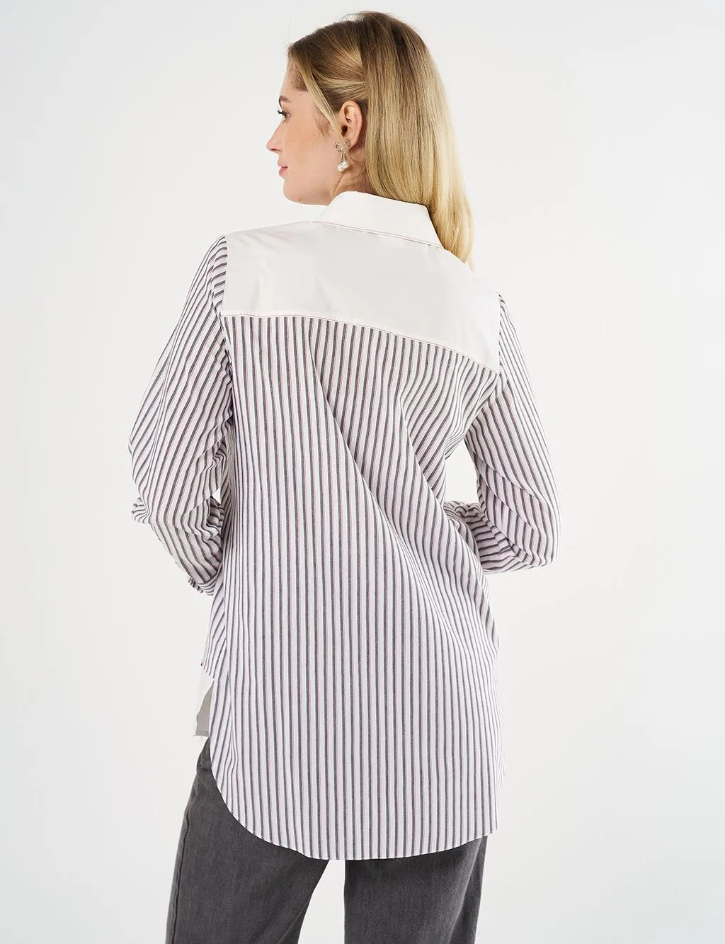 Line Patterned Tunic with Shirt Detail Black