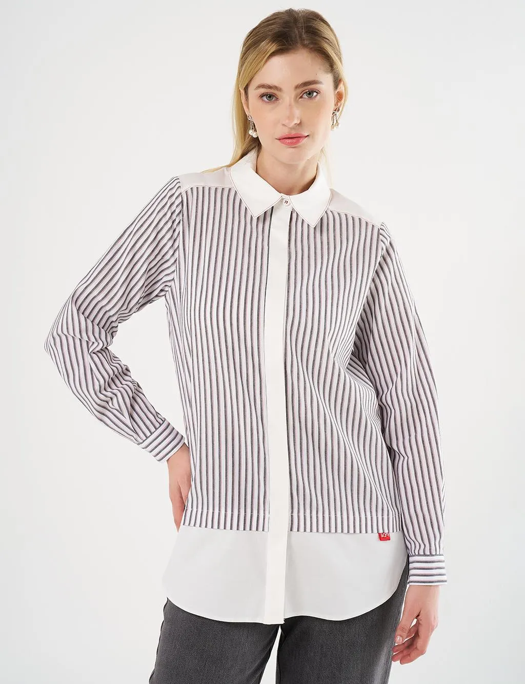 Line Patterned Tunic with Shirt Detail Black