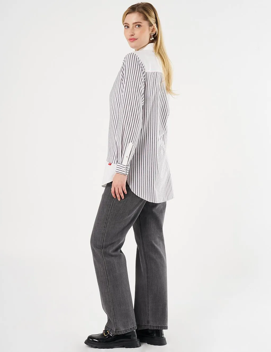Line Patterned Tunic with Shirt Detail Black