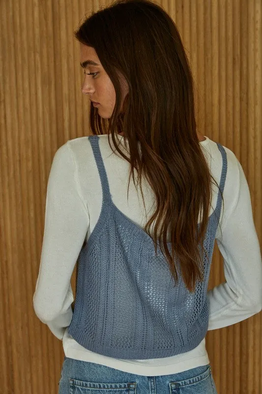 LONG SLEEVE TEE WITH STRAPPY SWEATER PULLOVER--BLUE
