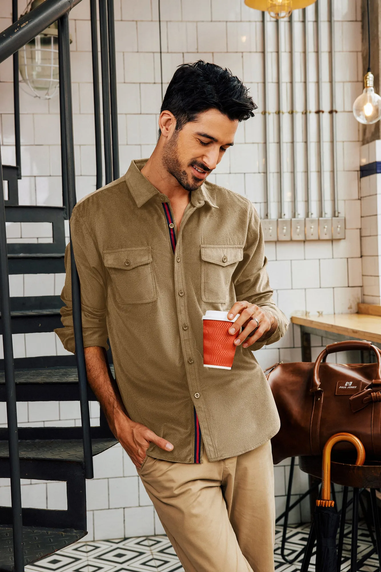 Men Classic Collar Shirt with Dual Pockets Casual Long Sleeve Button-up Tops