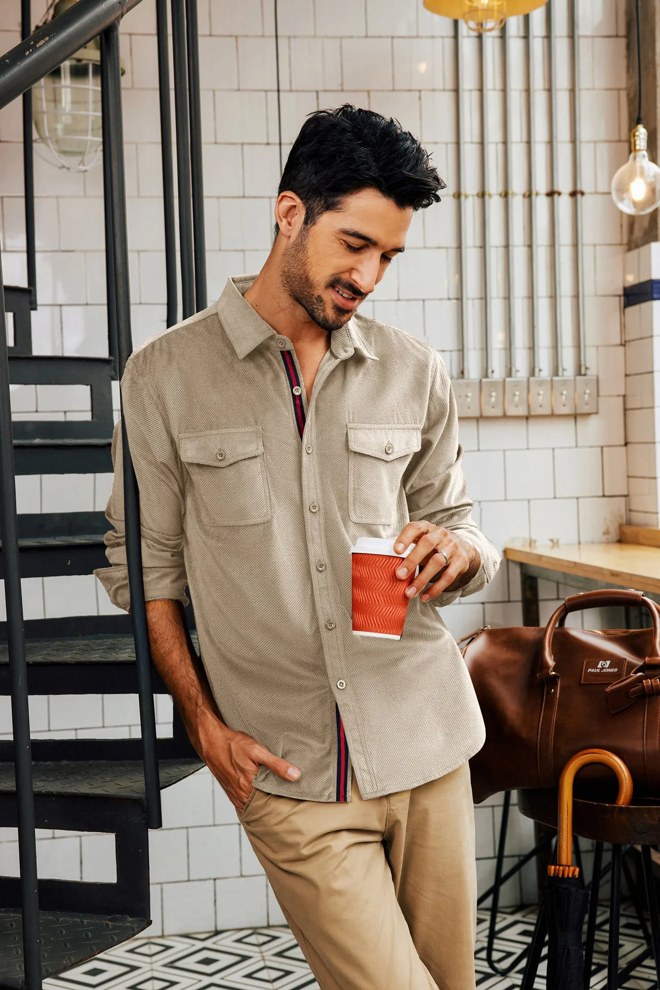 Men Classic Collar Shirt with Dual Pockets Casual Long Sleeve Button-up Tops