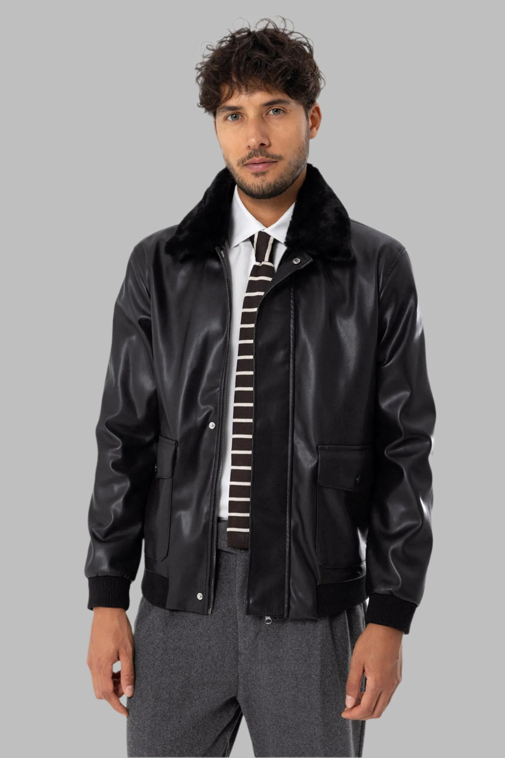 Men's Black Double Pocket Fur Collar Leather Coat - Wessi