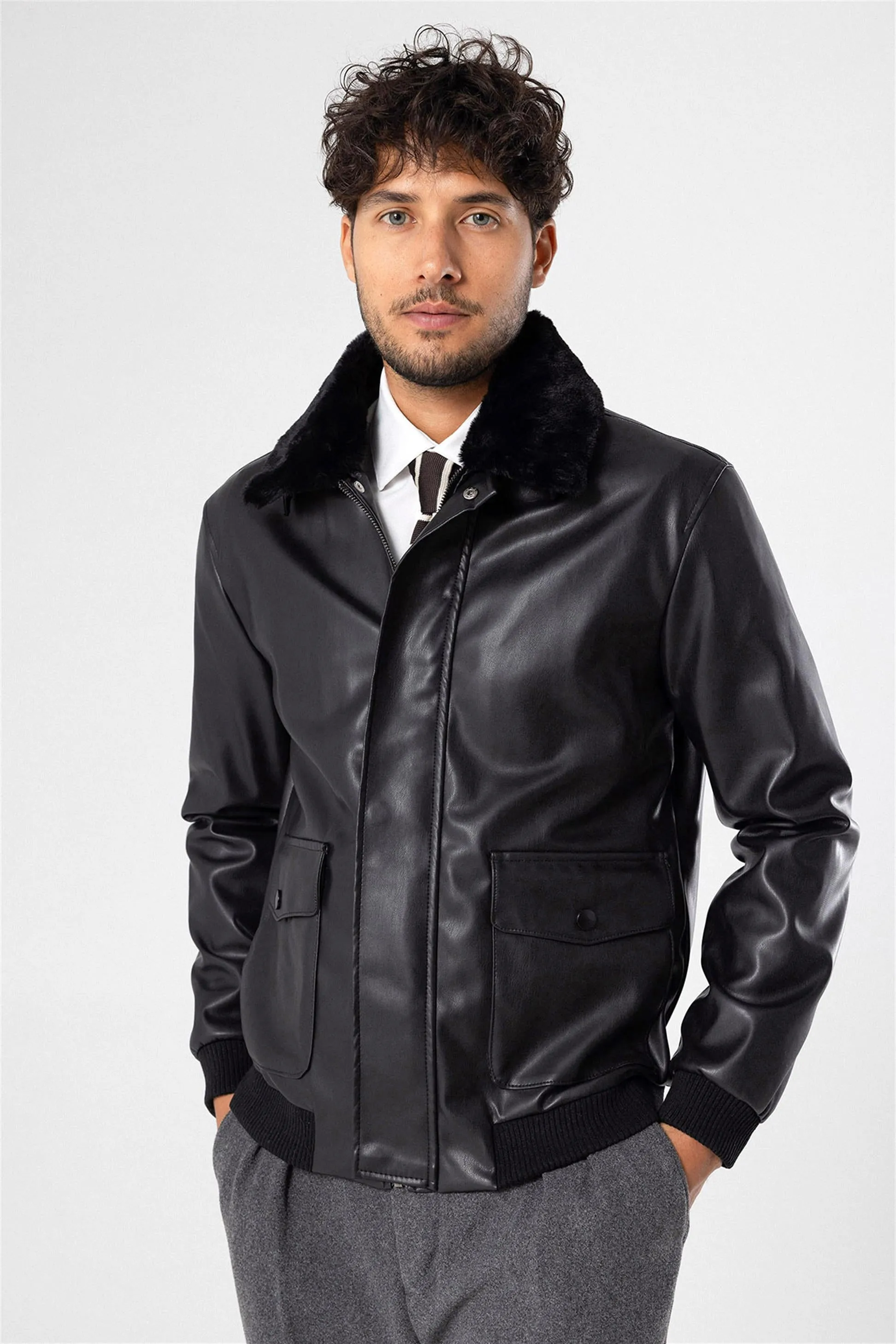 Men's Black Double Pocket Fur Collar Leather Coat - Wessi