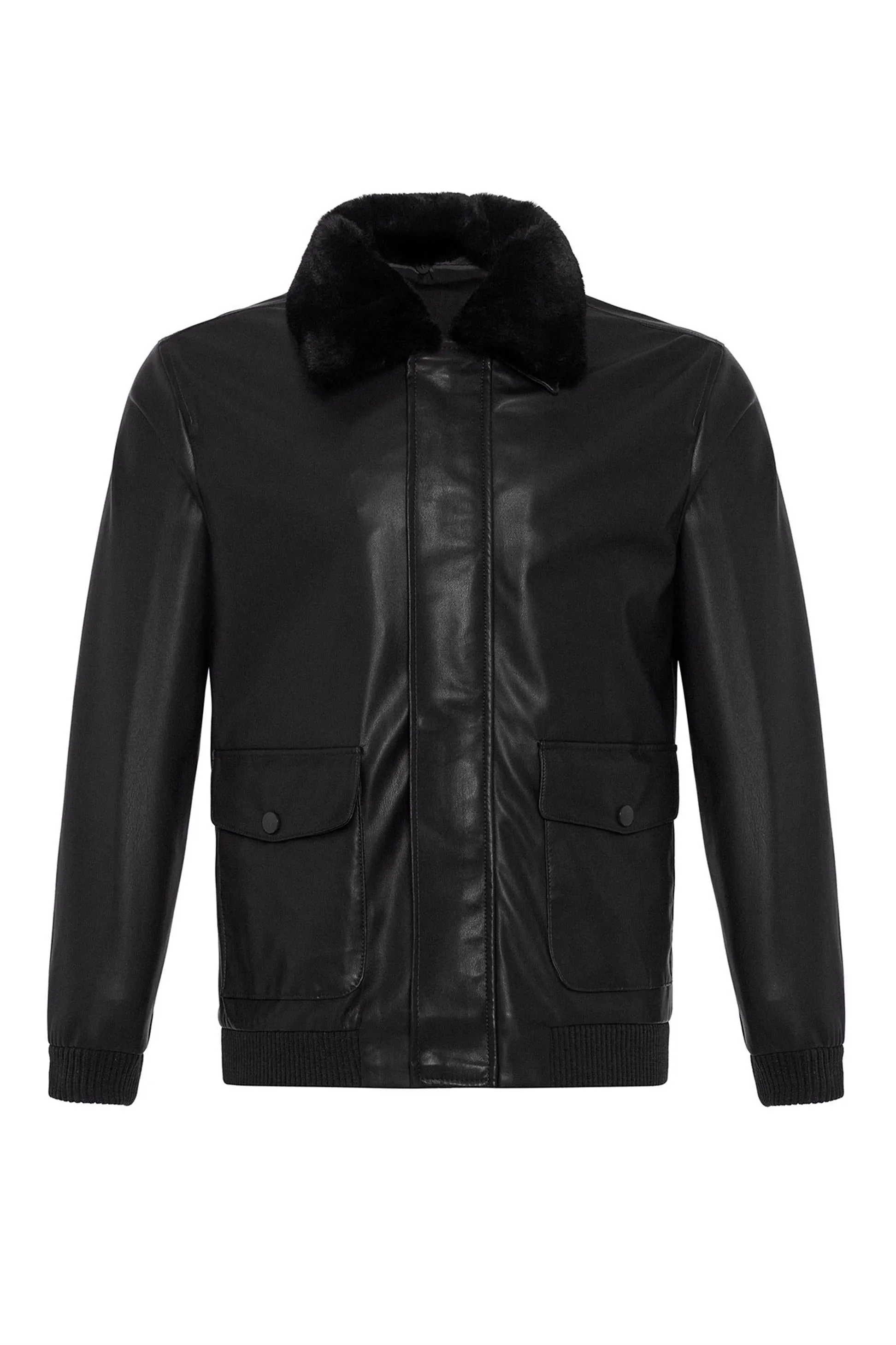 Men's Black Double Pocket Fur Collar Leather Coat - Wessi