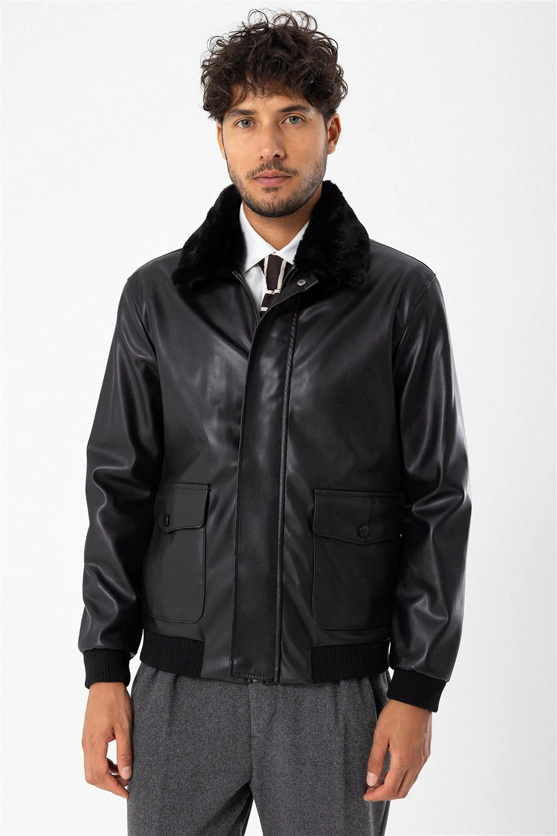 Men's Black Double Pocket Fur Collar Leather Coat - Wessi