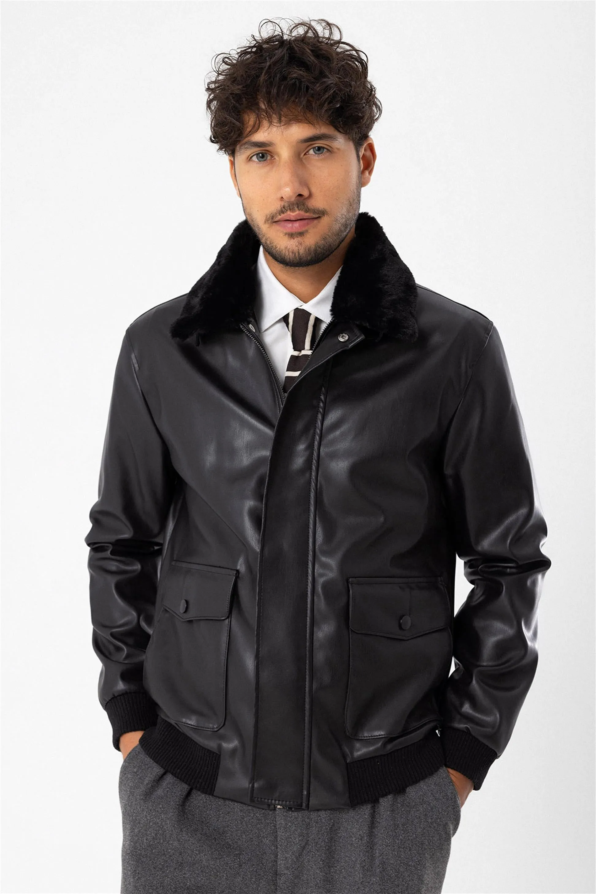 Men's Black Double Pocket Fur Collar Leather Coat - Wessi