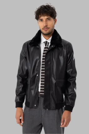 Men's Black Double Pocket Fur Collar Leather Coat - Wessi
