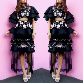 Miranda Frill Layered Skirt - Black Floral