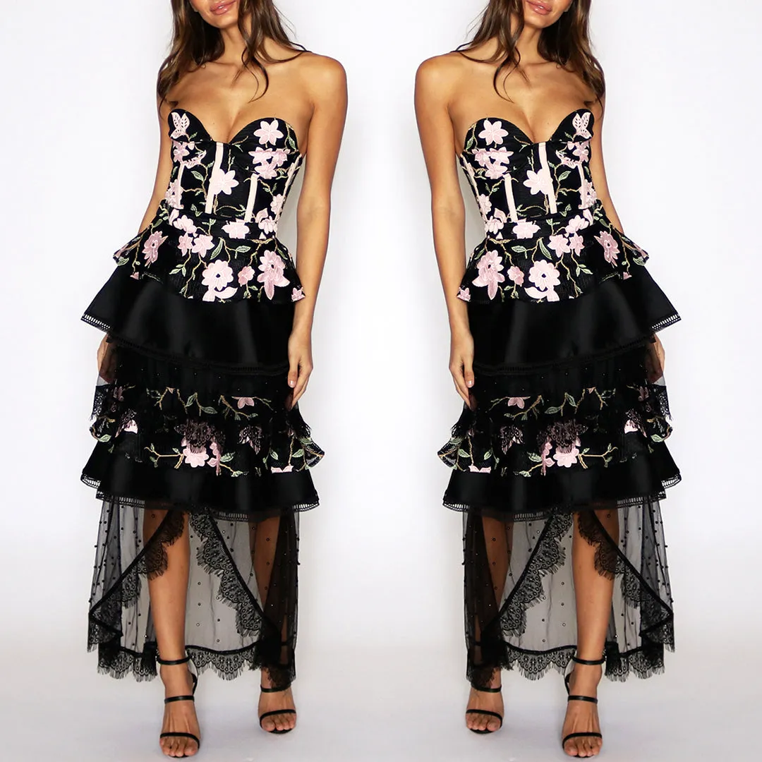 Miranda Frill Layered Skirt - Black Floral