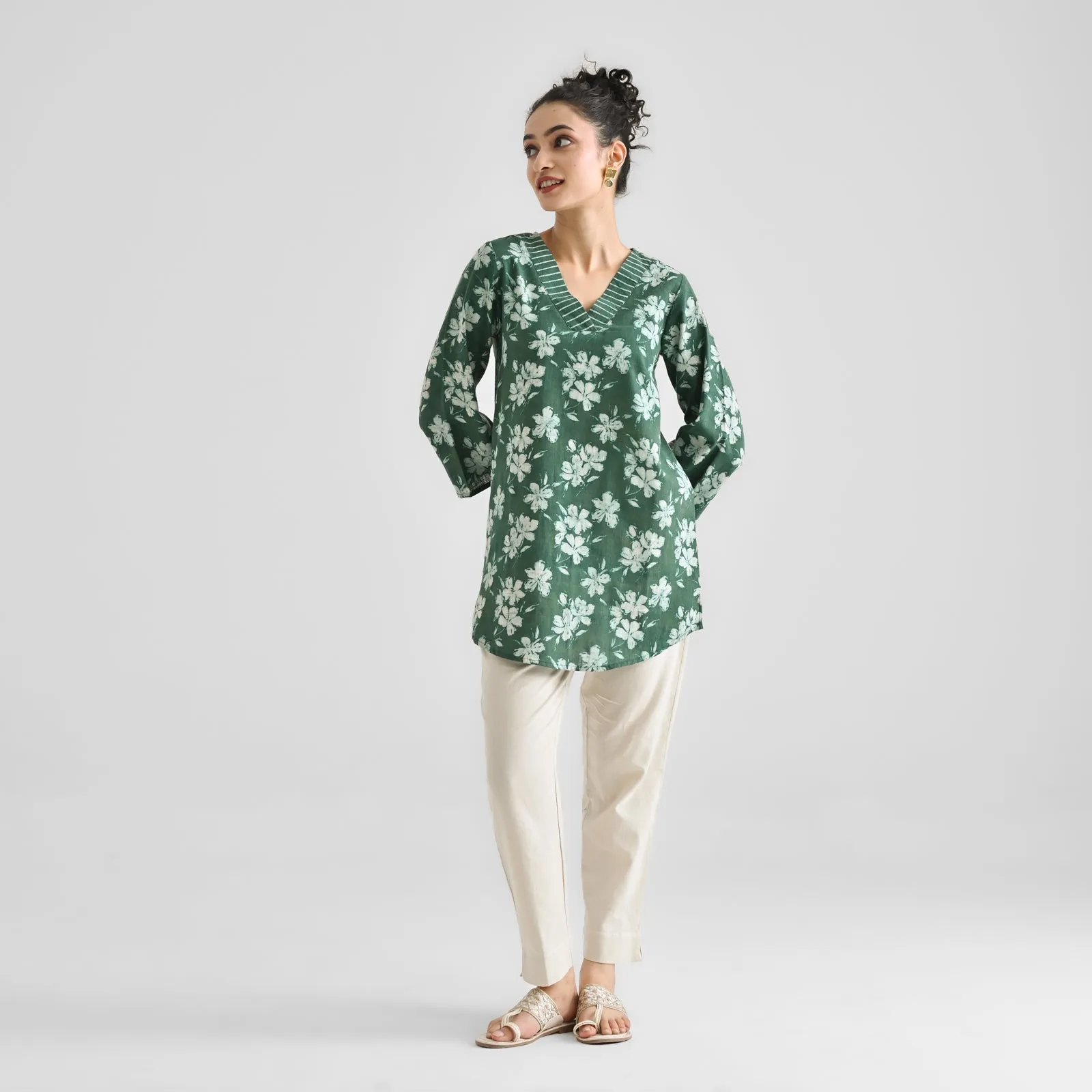 Moss Green Cotton Contemporary Dabu Printed Tunic