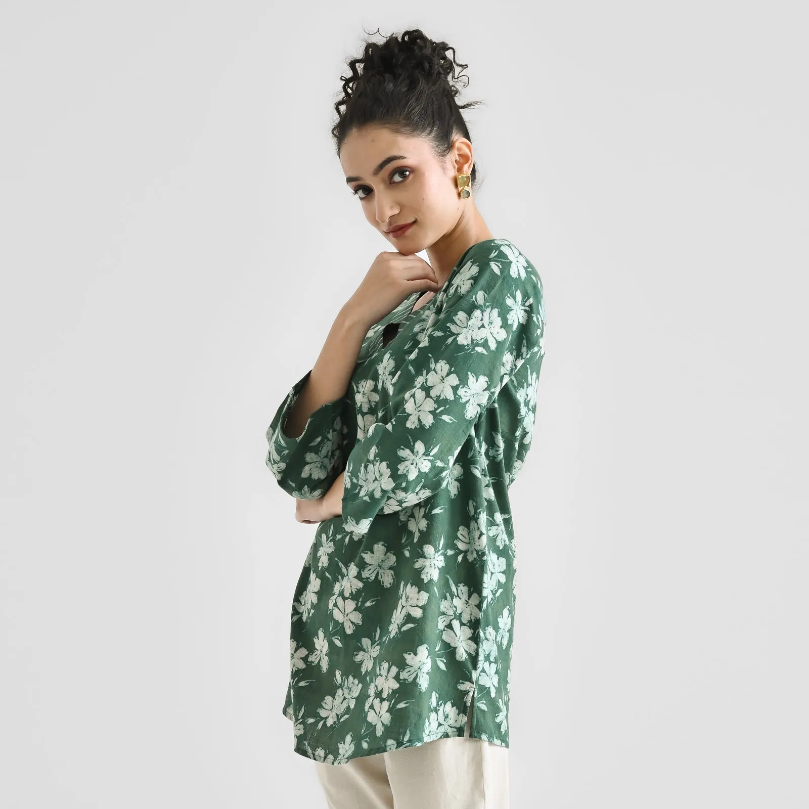 Moss Green Cotton Contemporary Dabu Printed Tunic