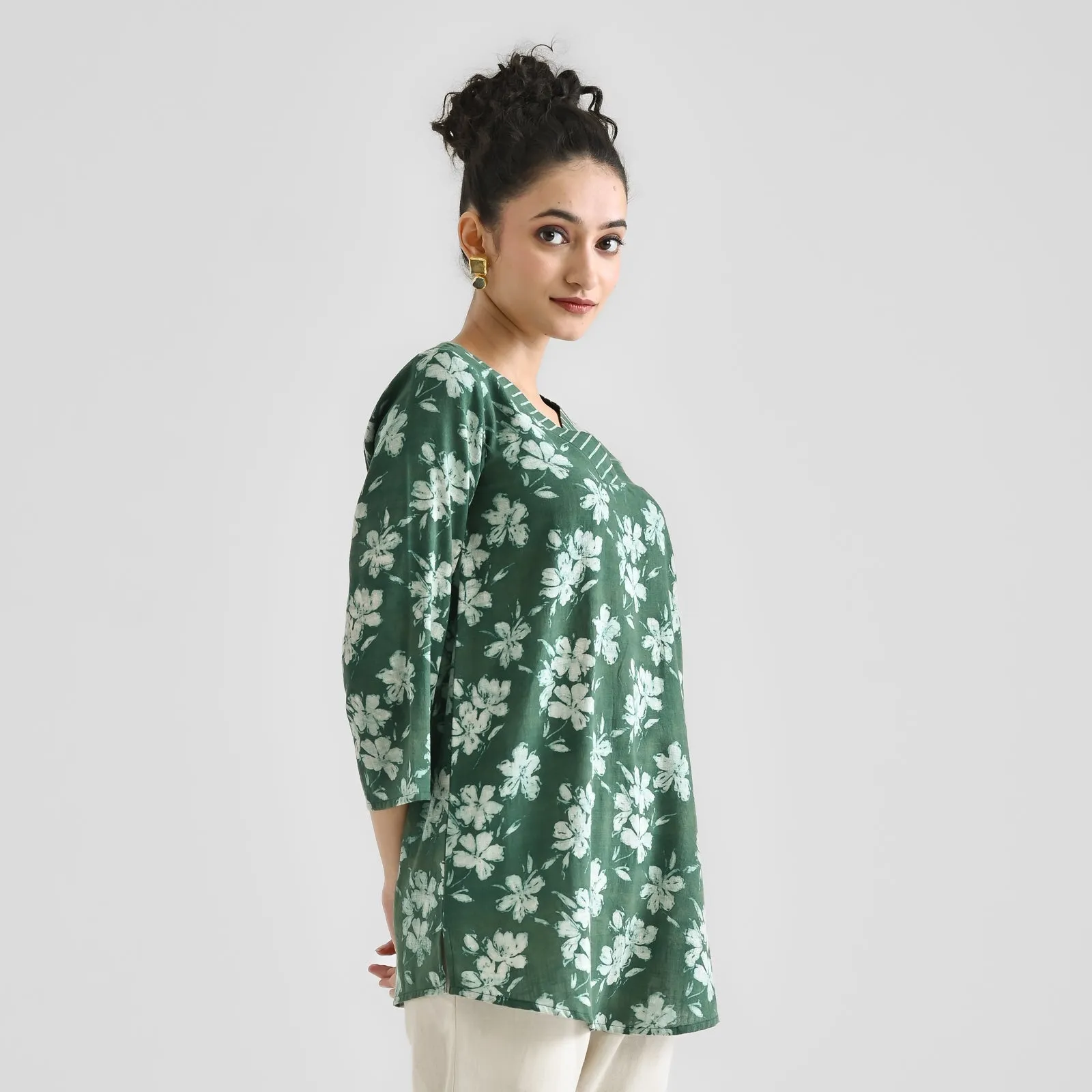 Moss Green Cotton Contemporary Dabu Printed Tunic