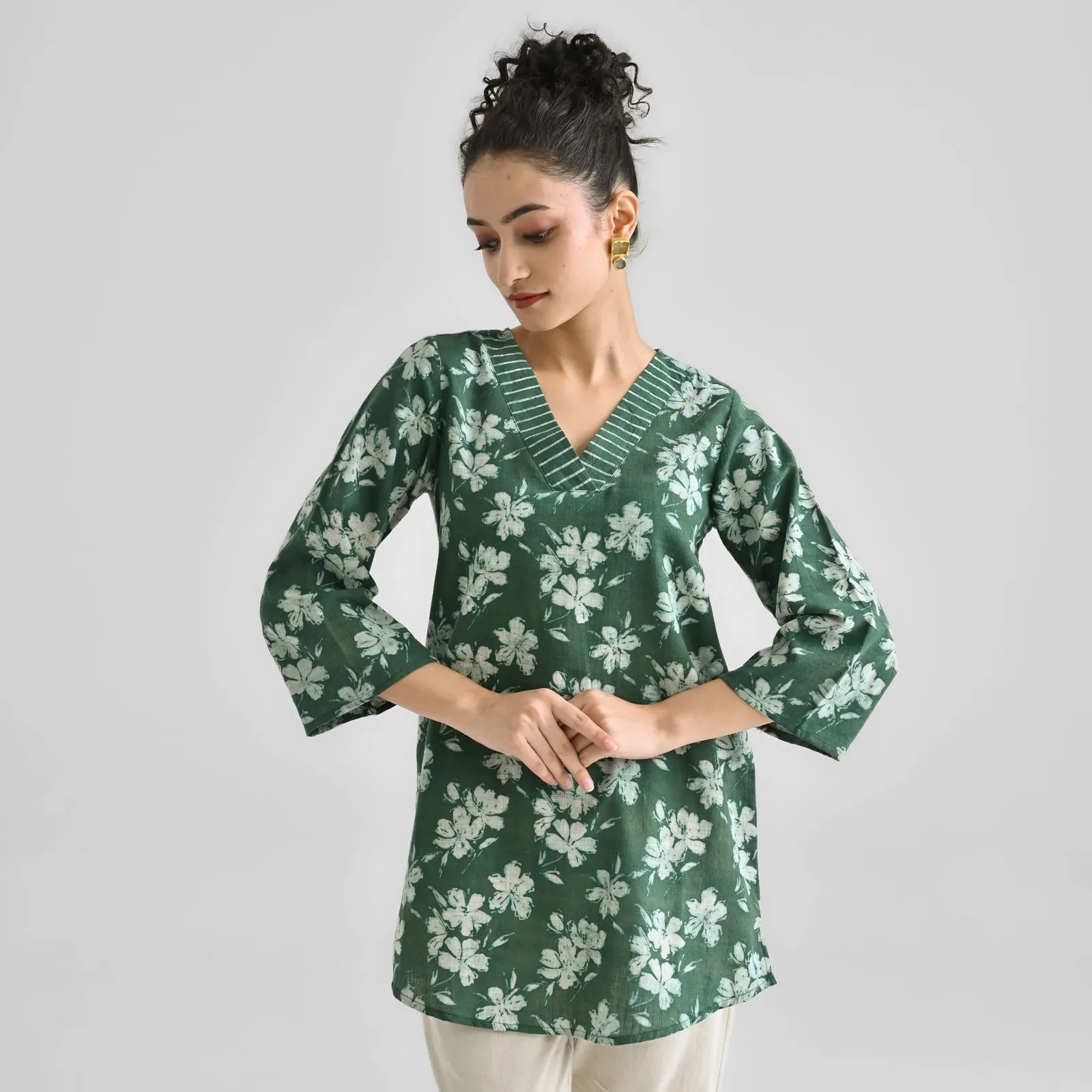 Moss Green Cotton Contemporary Dabu Printed Tunic