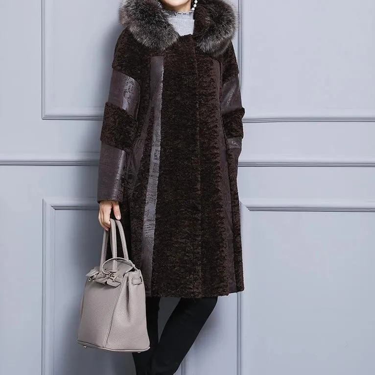 Natural Fox Fur Hooded Wool  Vintage Long Sheep Shearing Coat