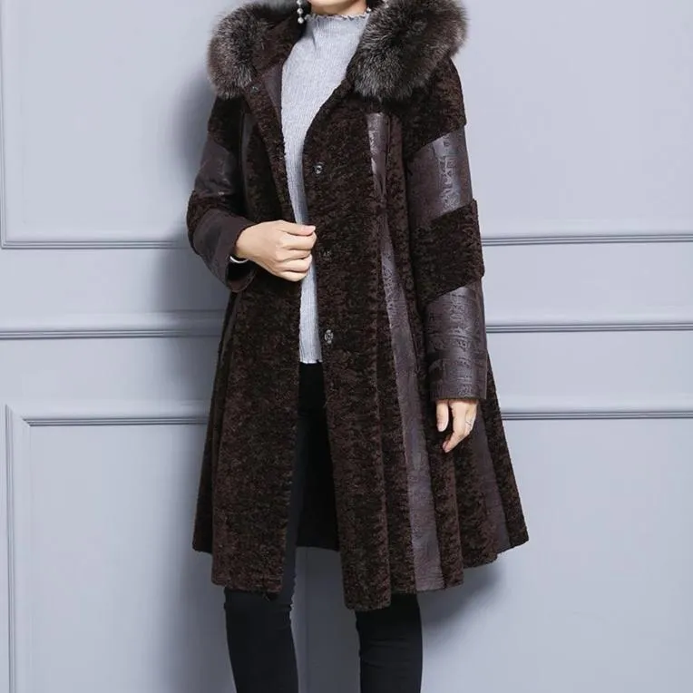 Natural Fox Fur Hooded Wool  Vintage Long Sheep Shearing Coat
