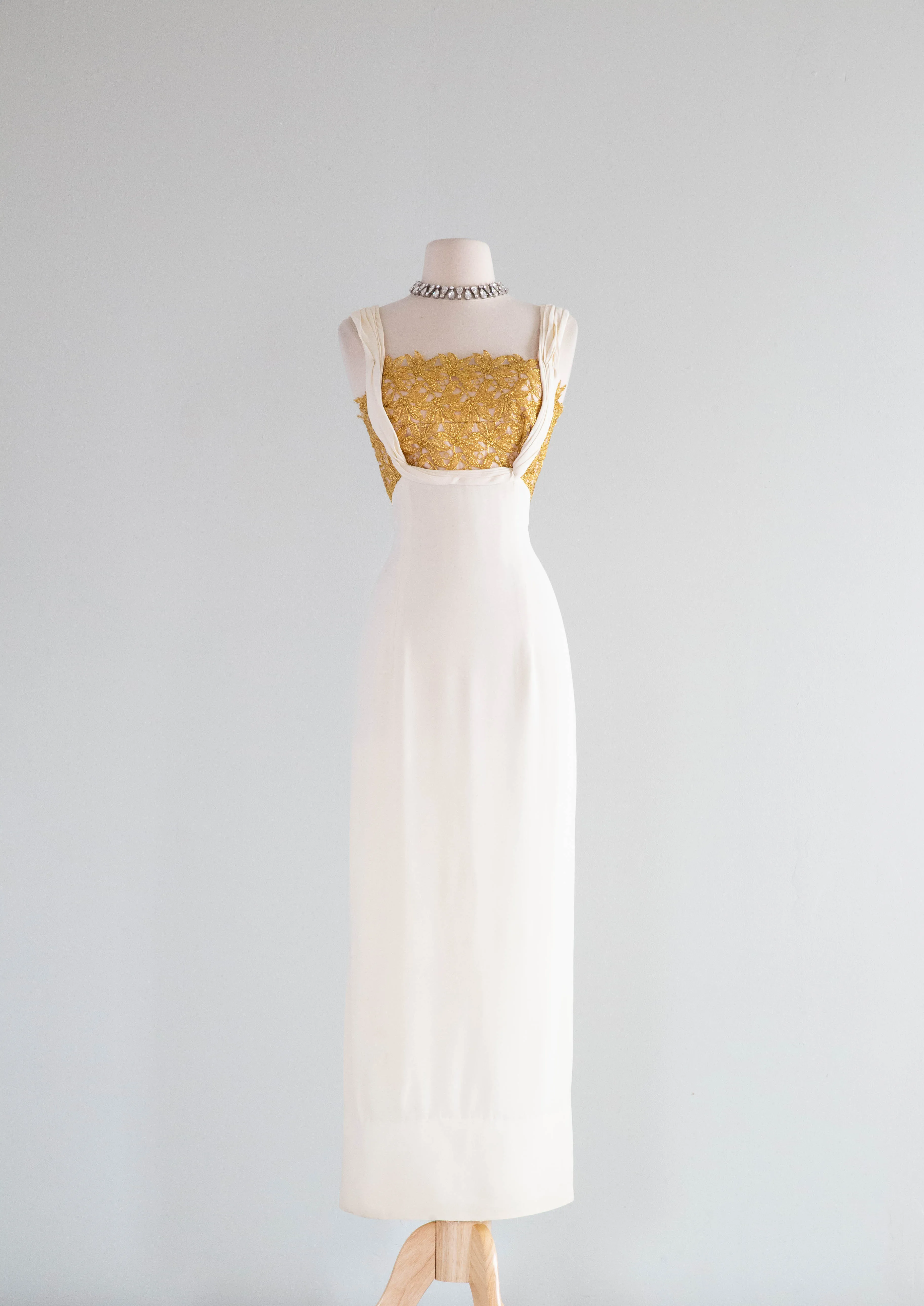 Old Hollywood Glamour 1950's Ivory Crepe Evening Gown With Metallic Gold Lace / SM