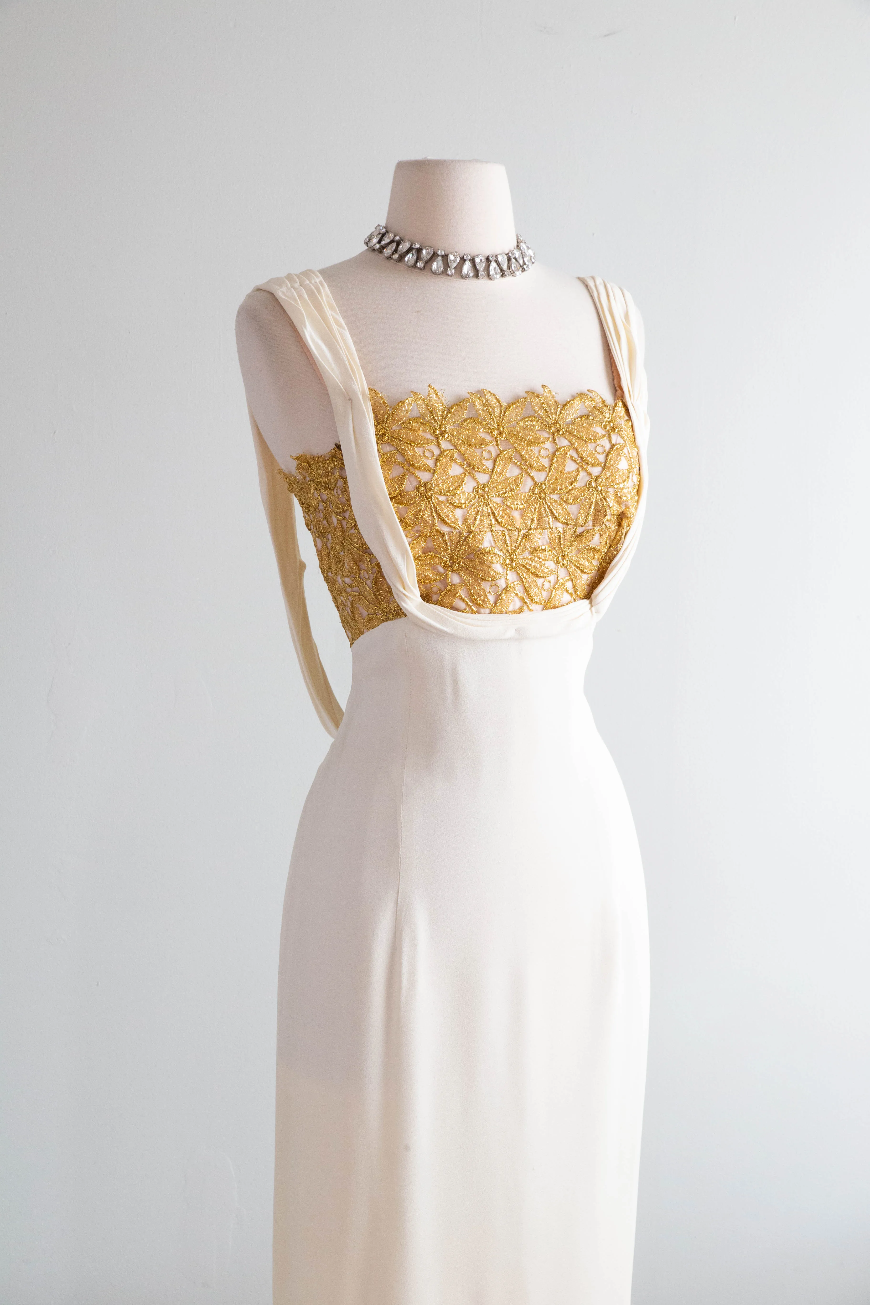 Old Hollywood Glamour 1950's Ivory Crepe Evening Gown With Metallic Gold Lace / SM