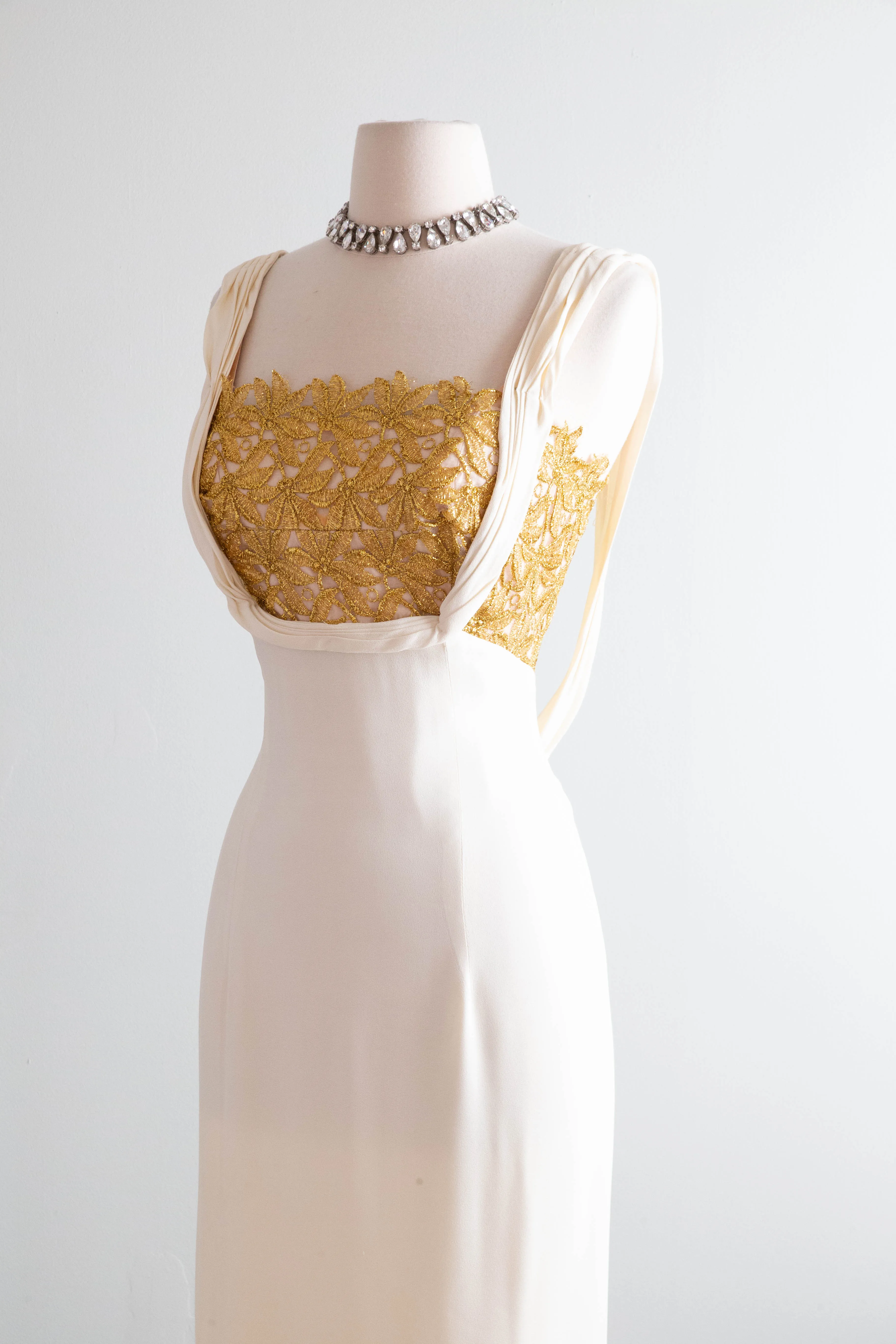 Old Hollywood Glamour 1950's Ivory Crepe Evening Gown With Metallic Gold Lace / SM