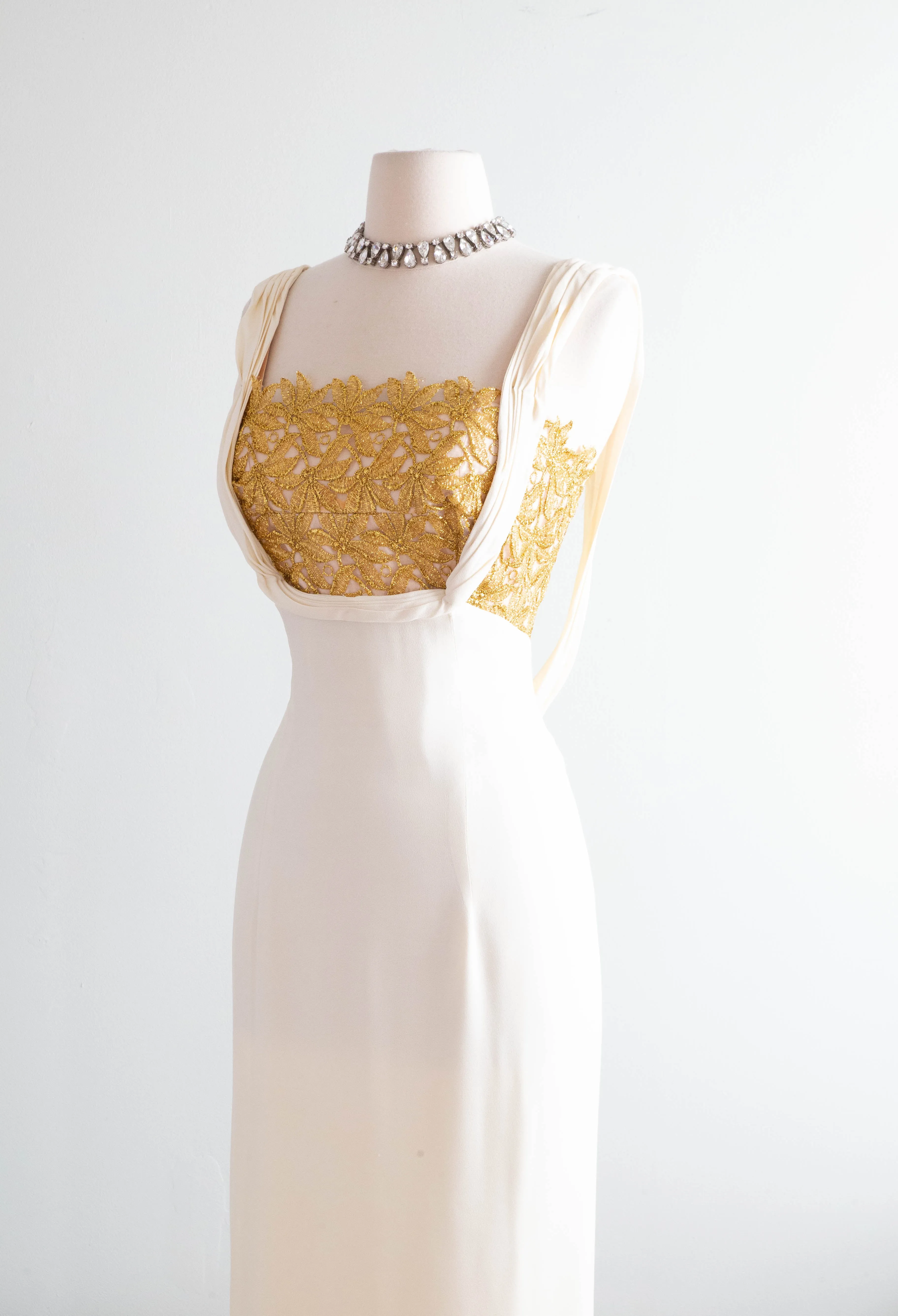 Old Hollywood Glamour 1950's Ivory Crepe Evening Gown With Metallic Gold Lace / SM