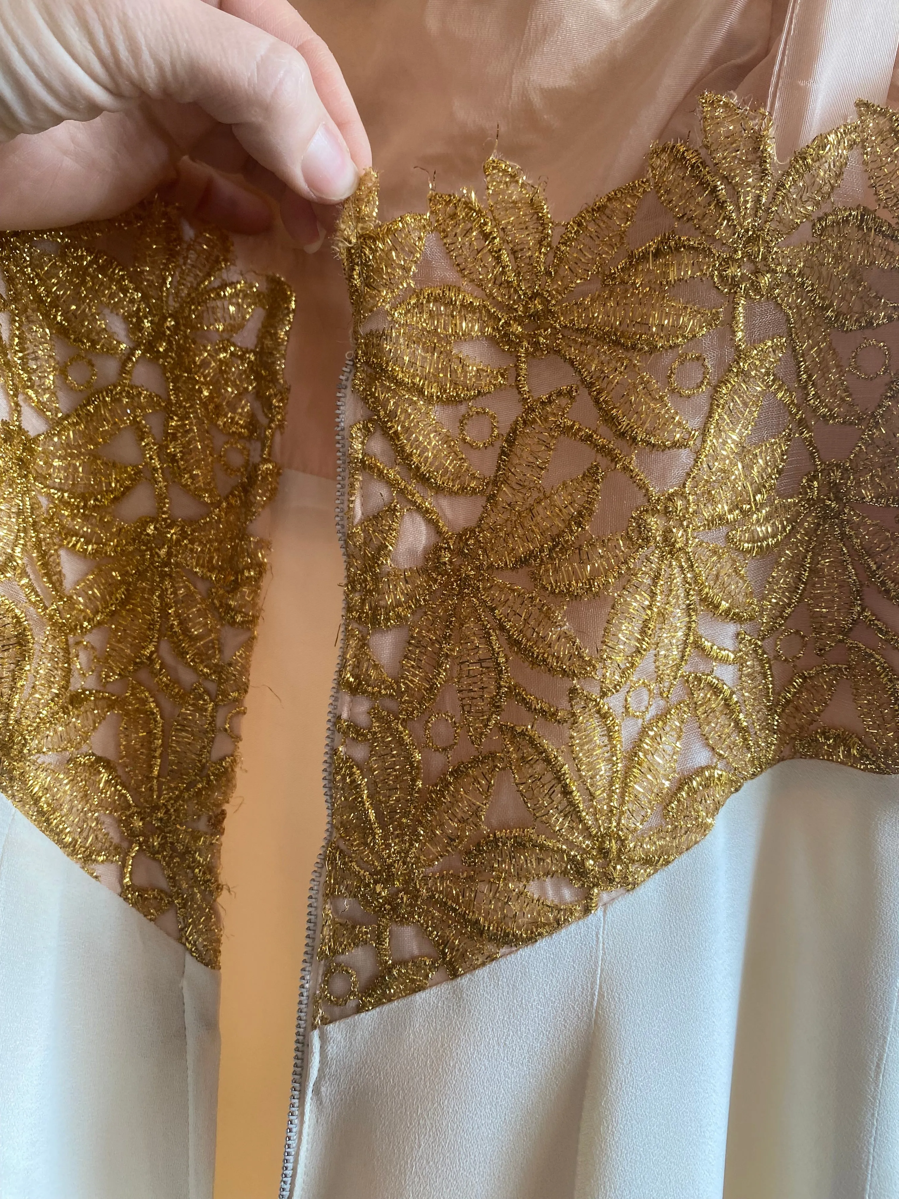 Old Hollywood Glamour 1950's Ivory Crepe Evening Gown With Metallic Gold Lace / SM