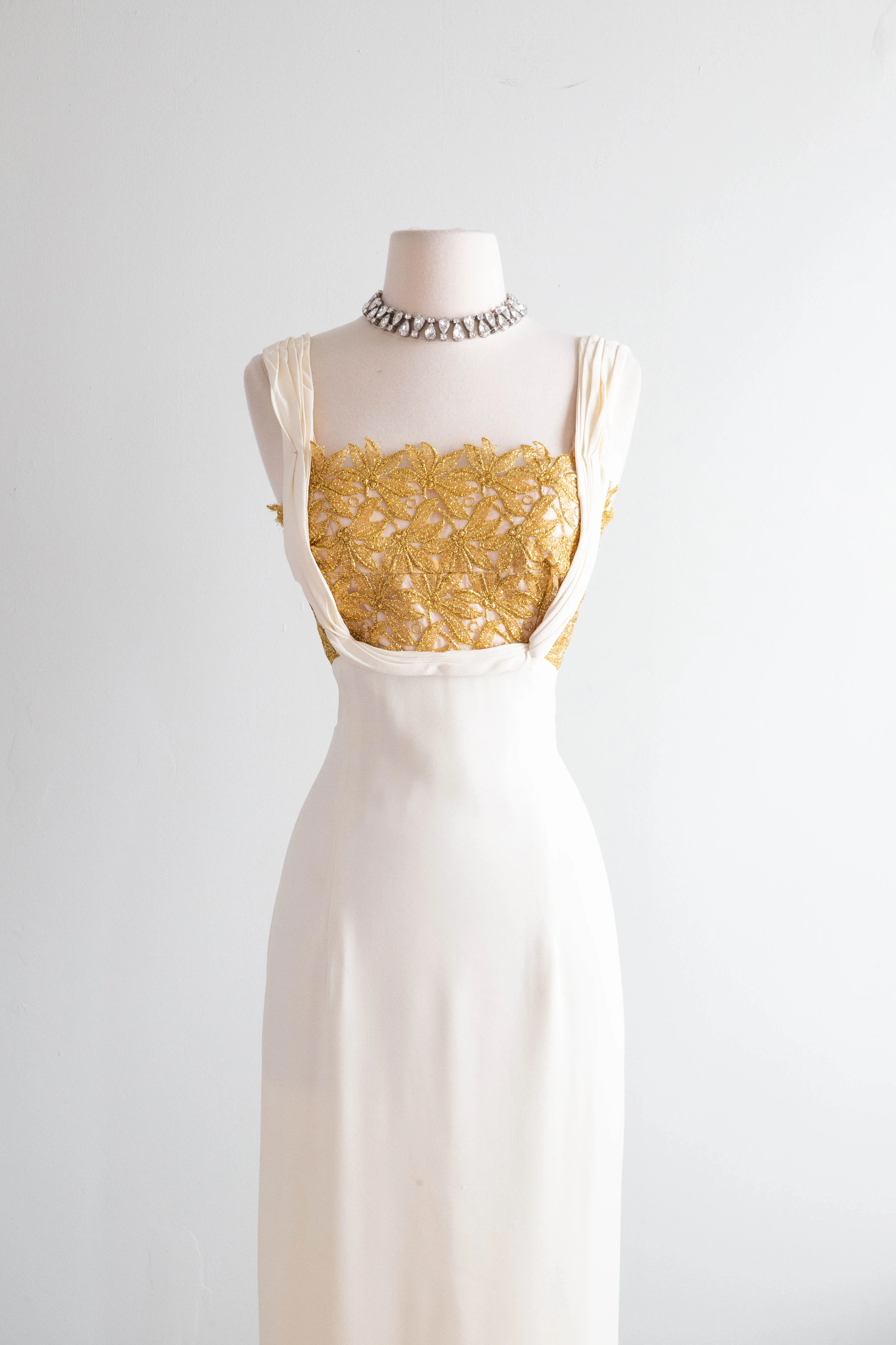 Old Hollywood Glamour 1950's Ivory Crepe Evening Gown With Metallic Gold Lace / SM