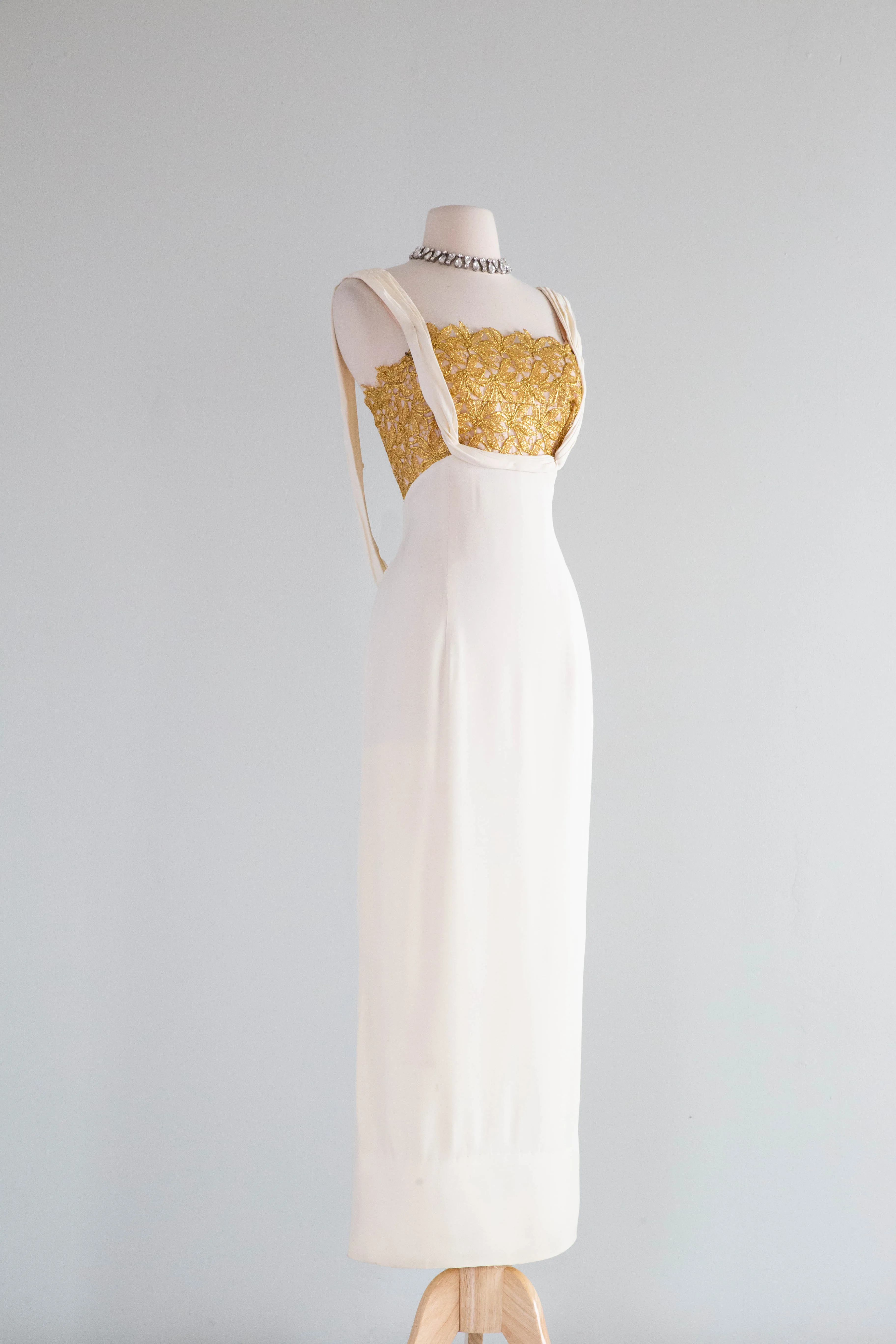 Old Hollywood Glamour 1950's Ivory Crepe Evening Gown With Metallic Gold Lace / SM
