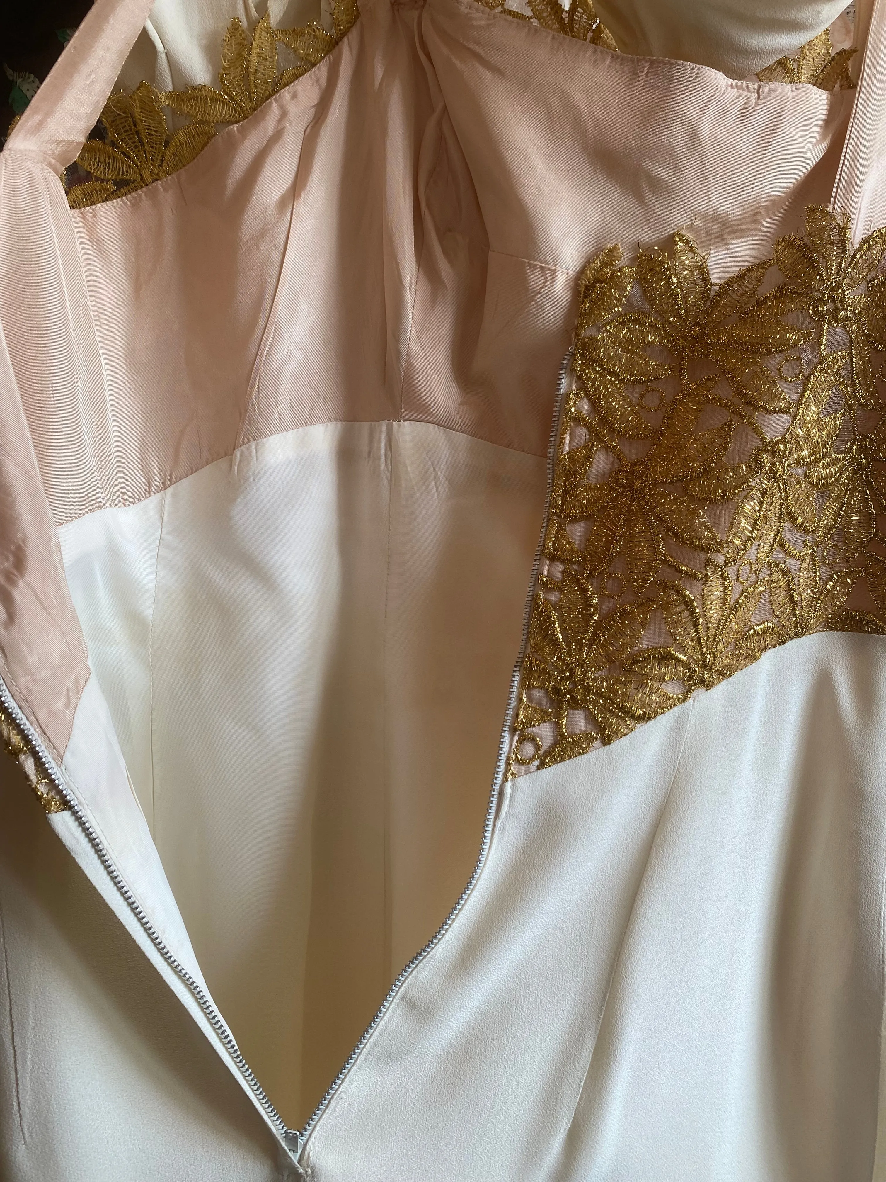 Old Hollywood Glamour 1950's Ivory Crepe Evening Gown With Metallic Gold Lace / SM