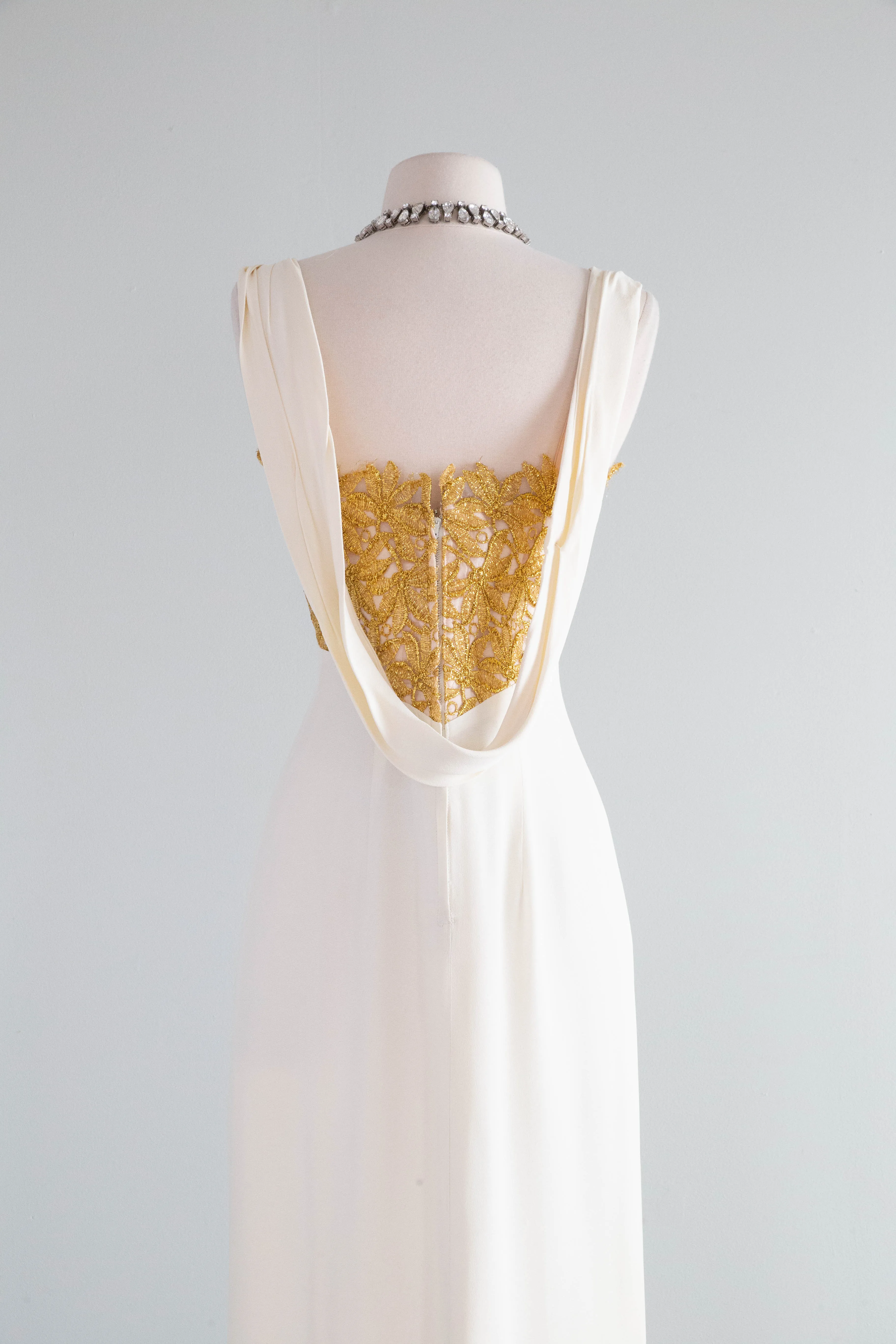 Old Hollywood Glamour 1950's Ivory Crepe Evening Gown With Metallic Gold Lace / SM