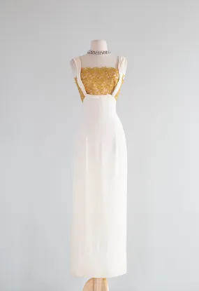 Old Hollywood Glamour 1950's Ivory Crepe Evening Gown With Metallic Gold Lace / SM