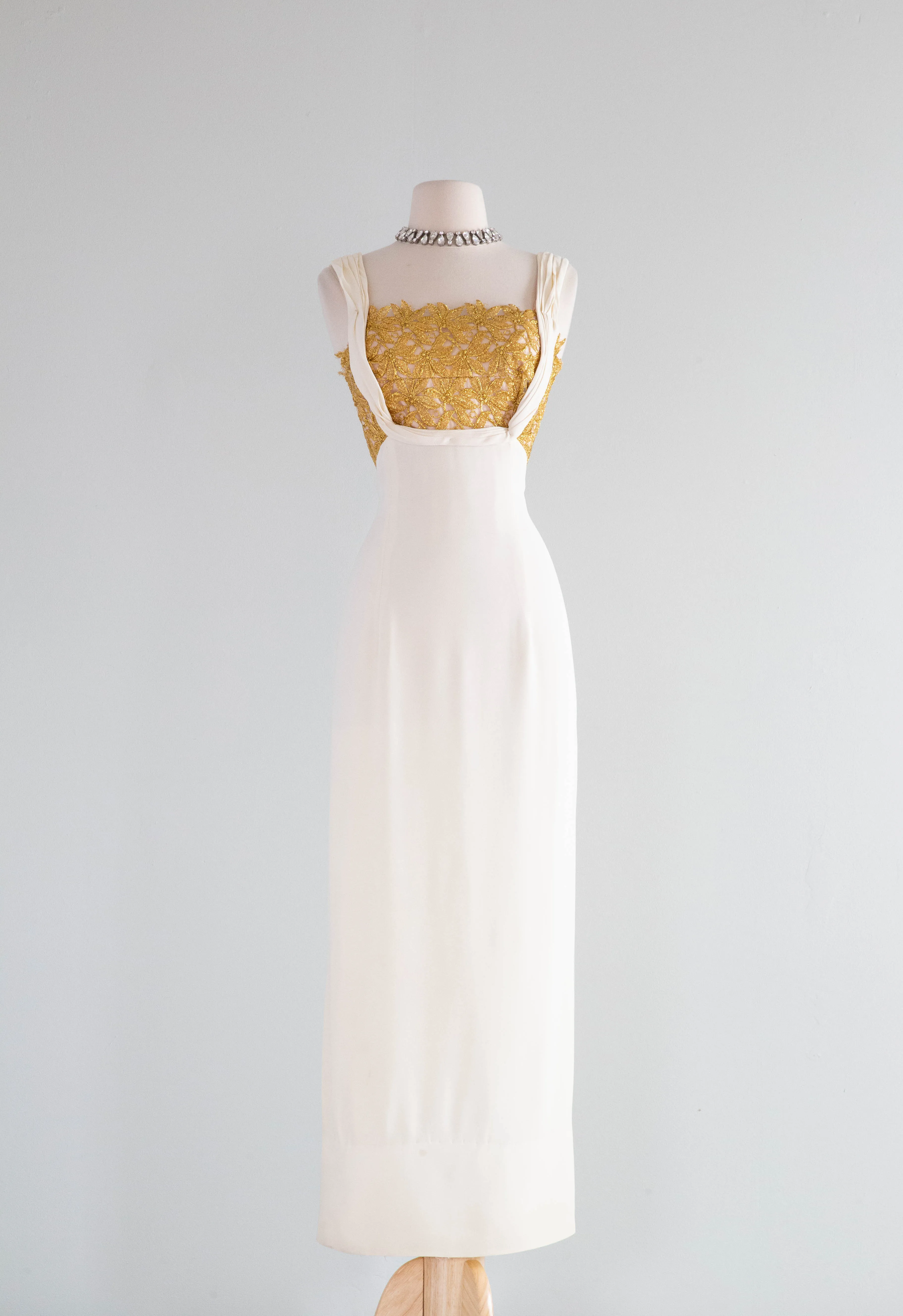 Old Hollywood Glamour 1950's Ivory Crepe Evening Gown With Metallic Gold Lace / SM