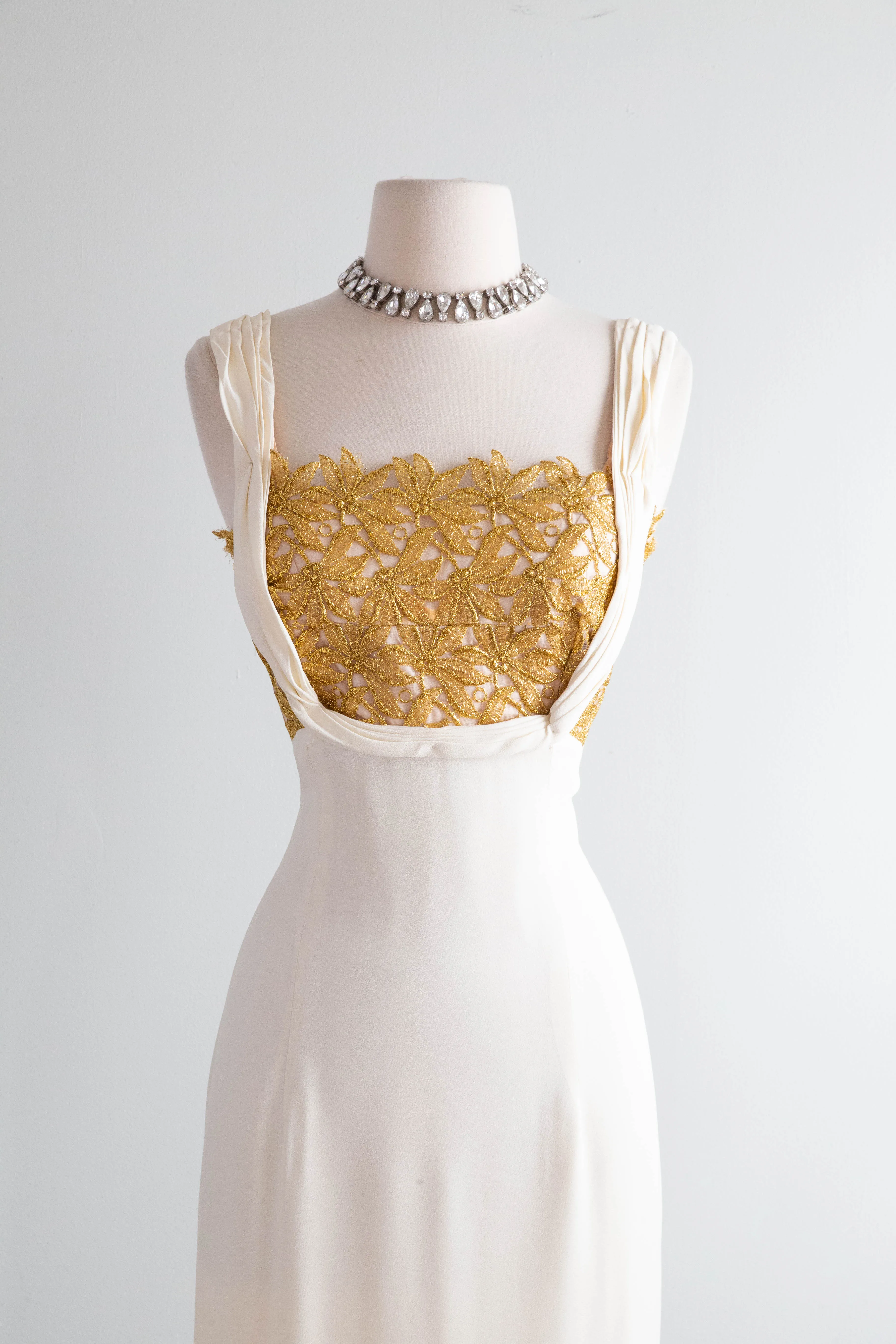 Old Hollywood Glamour 1950's Ivory Crepe Evening Gown With Metallic Gold Lace / SM