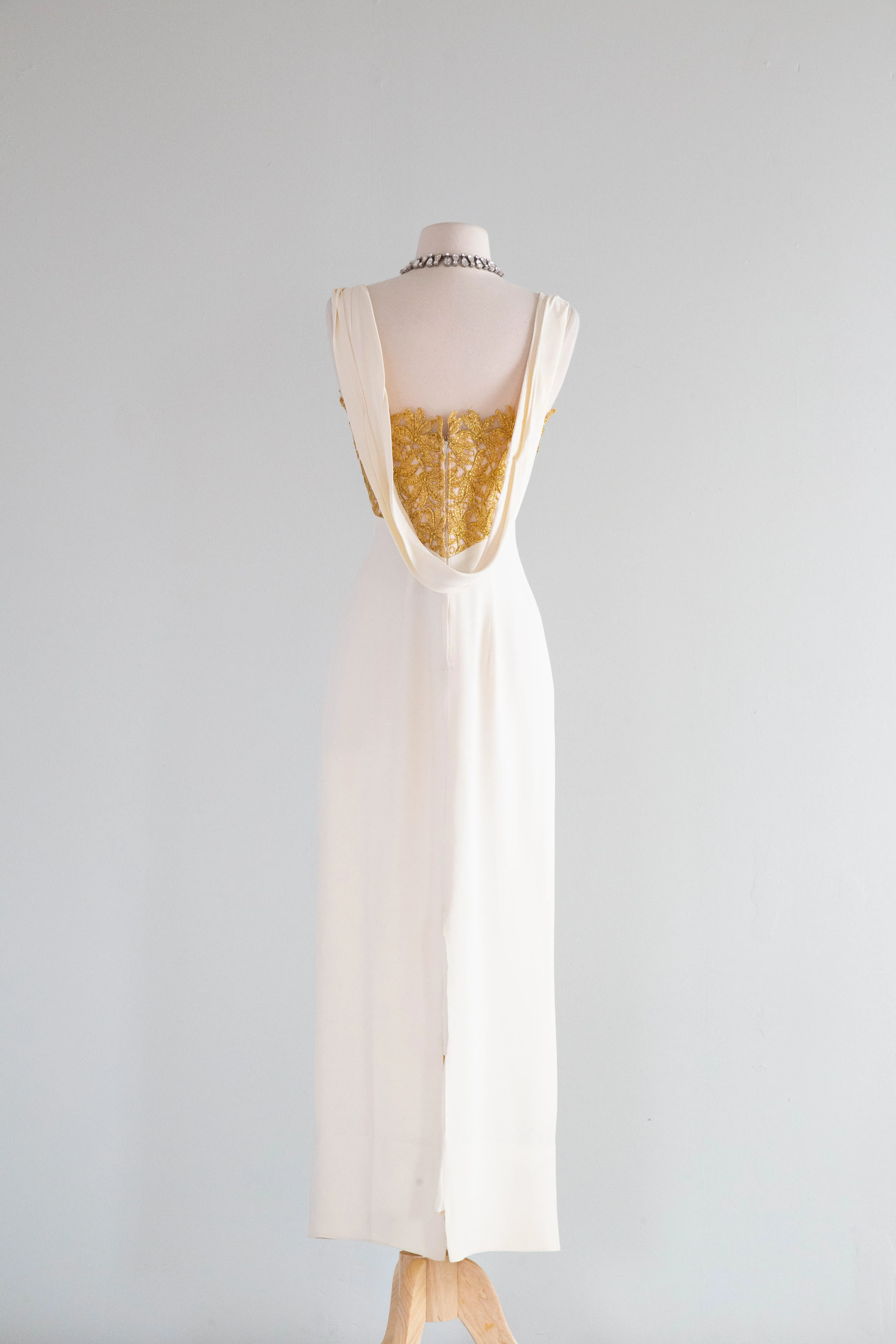 Old Hollywood Glamour 1950's Ivory Crepe Evening Gown With Metallic Gold Lace / SM