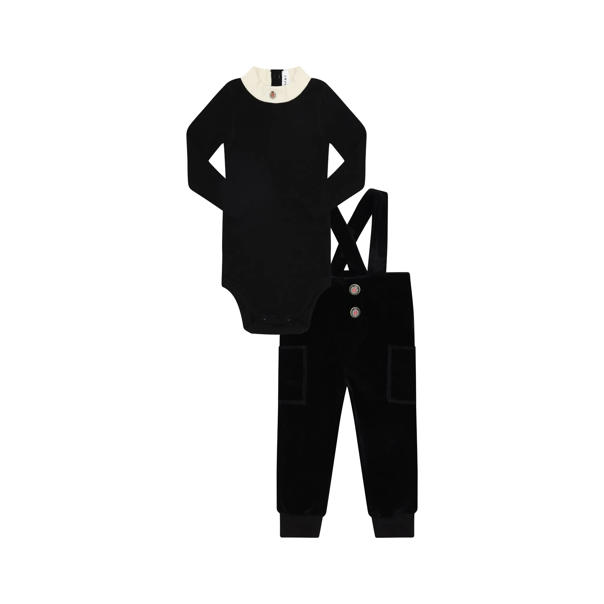 Parni Black Baby Velour Overalls   Logo Turtleneck