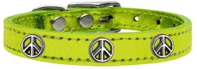 Peace Sign Widget Genuine Metallic Leather Dog Collar Lime Green 14