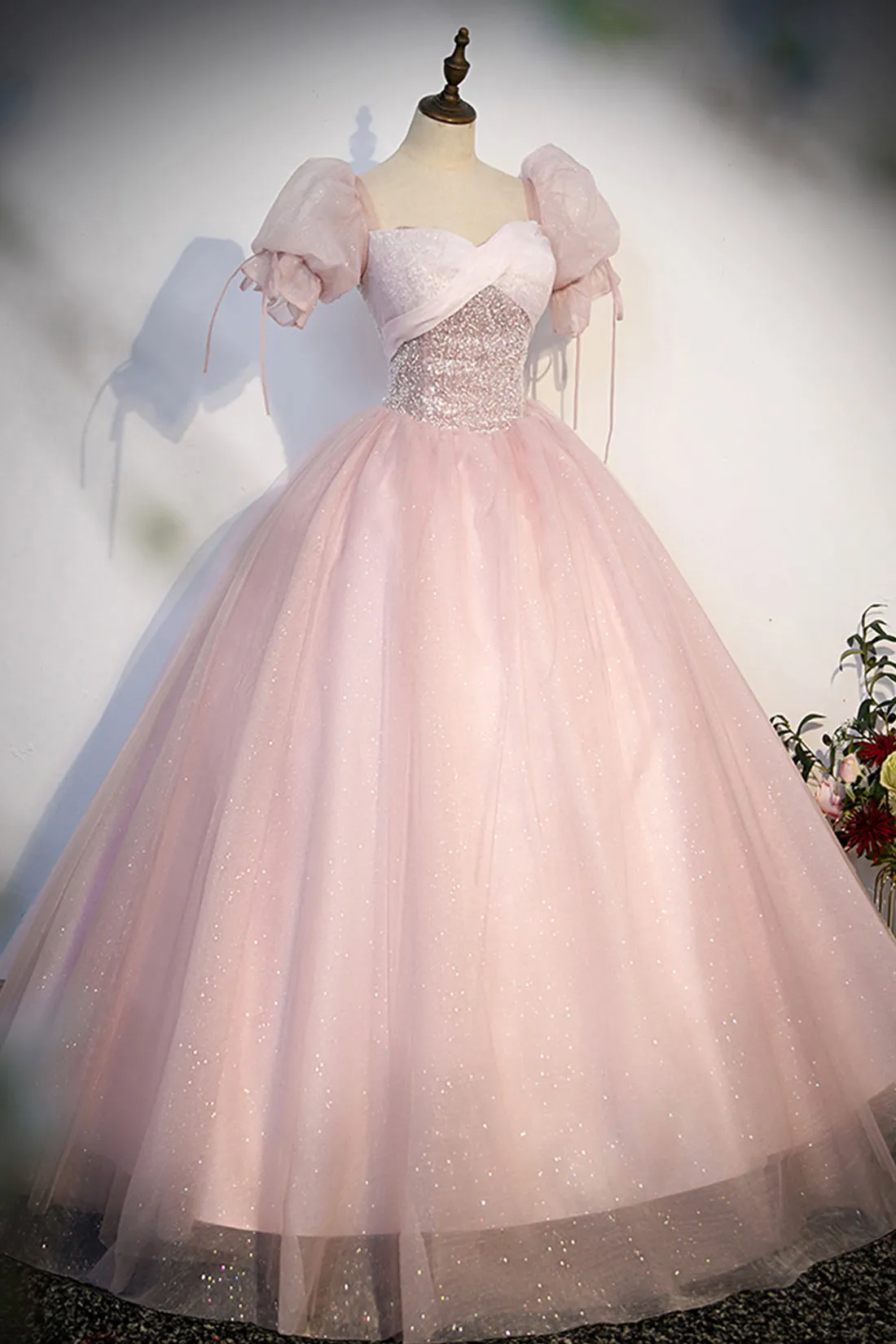 Pink Tulle Sequins Long Prom Dress, Lovely A-Line Short Sleeve Evening Party Dress