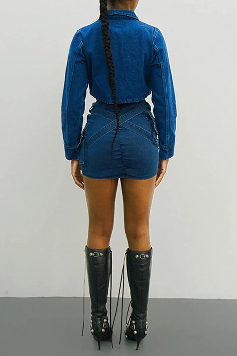 QF0243 Denim Cargo Mini Skirt
