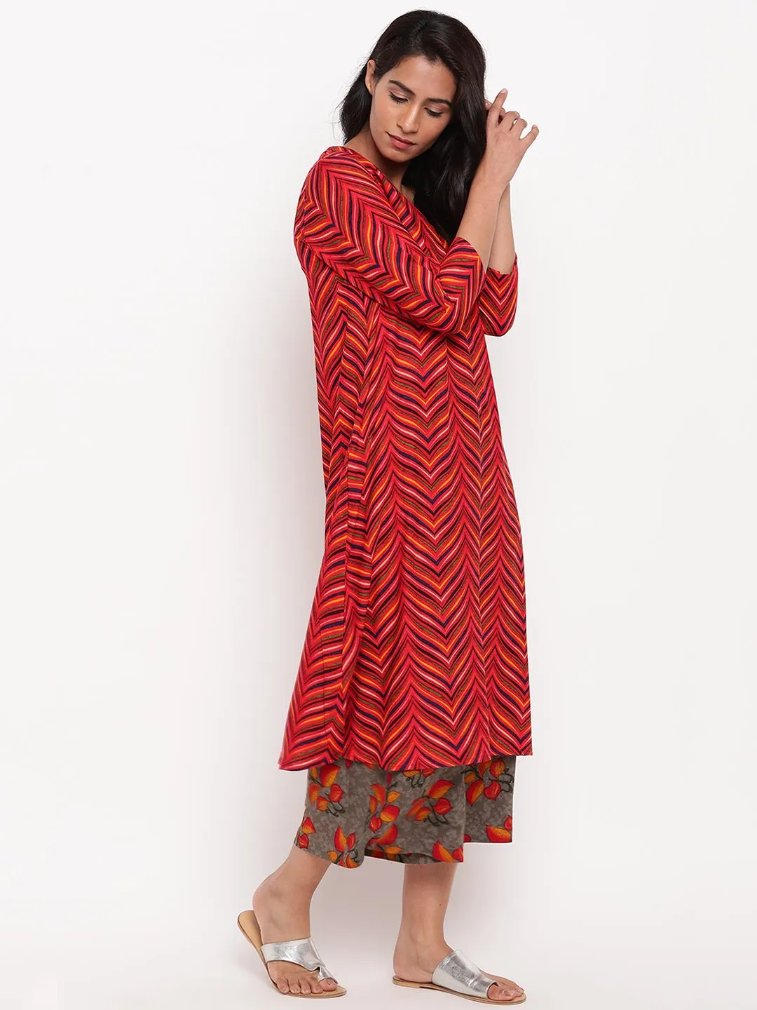 Red Chevron Kurta Set