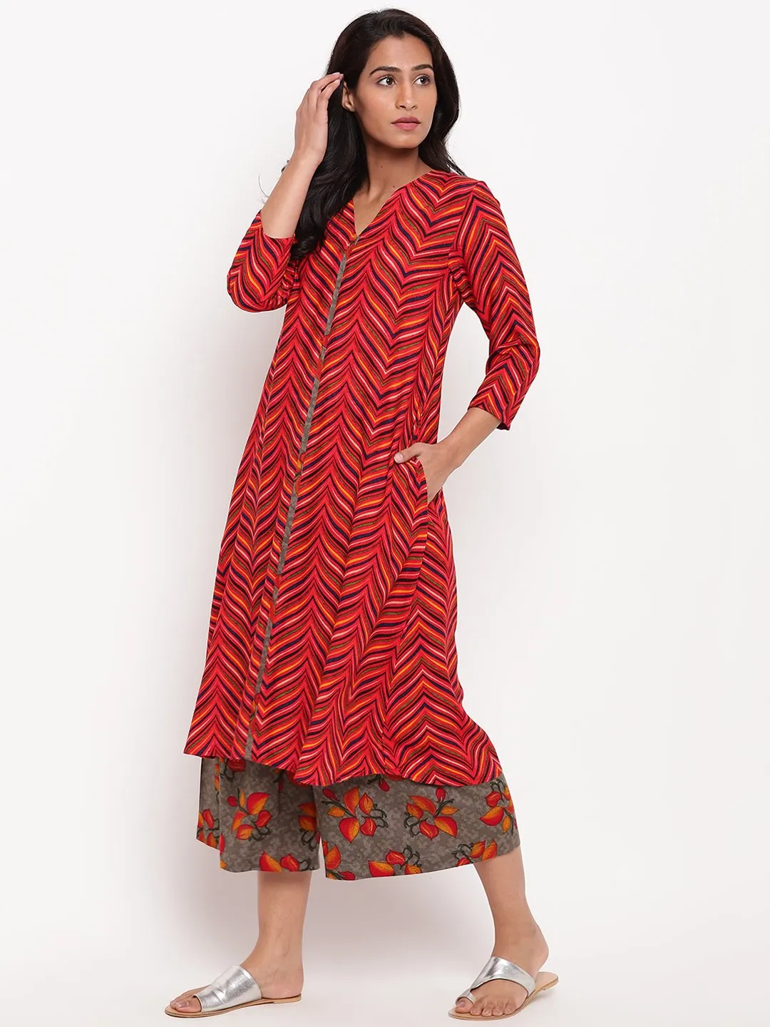 Red Chevron Kurta Set