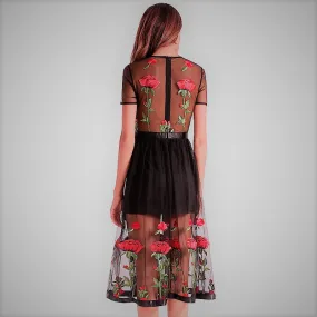 Rose Embroidered Black Dress