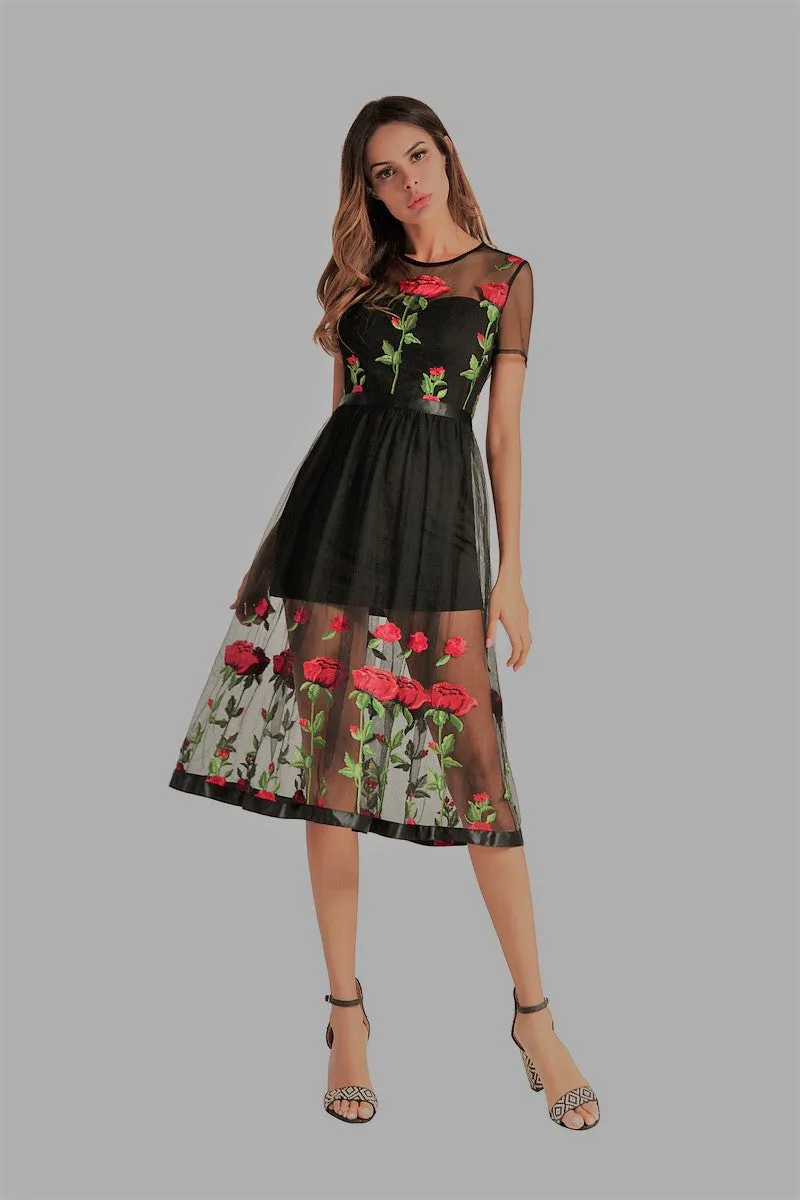 Rose Embroidered Black Dress